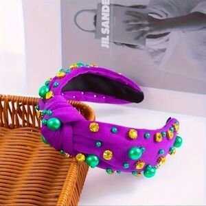 Mardi Gras Pearl and Rhinestone Knotted Headband